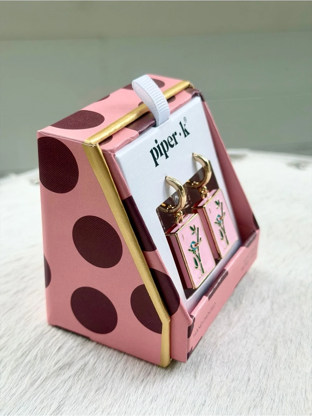 Piper K Mahjong Tile Huggie Drop Earrings Pink Enamel Gold Nickel Free Twee NIB